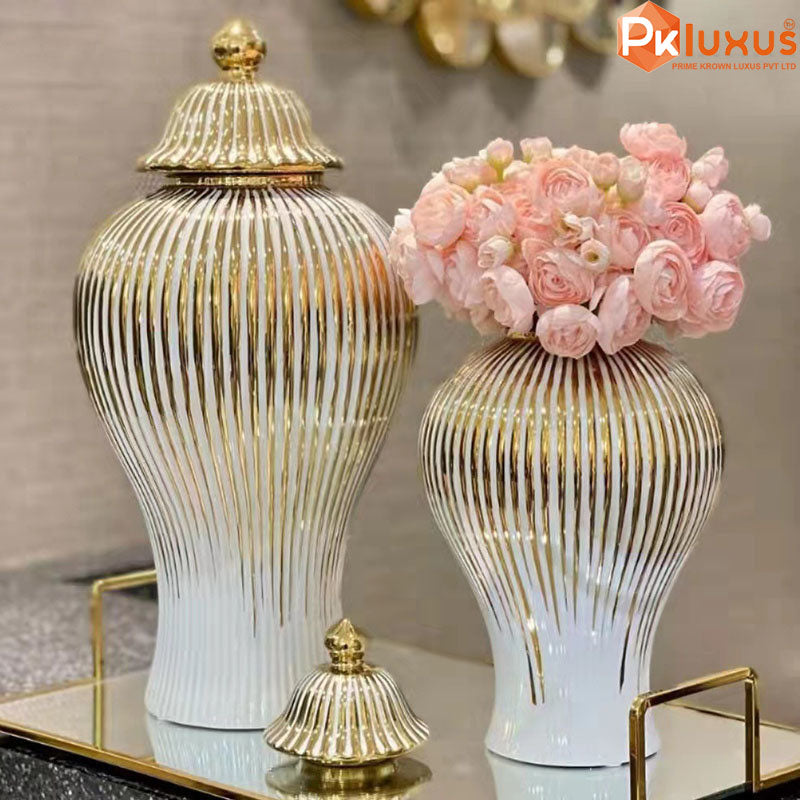 White and Gold Striped Home Decorative Ceramic Ginger Jar Vase with Lid | PK LUXUS™ - PK LUXUS