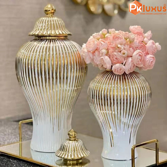 White and Gold Striped Home Decorative Ceramic Ginger Jar Vase with Lid | PK LUXUS™ - PK LUXUS