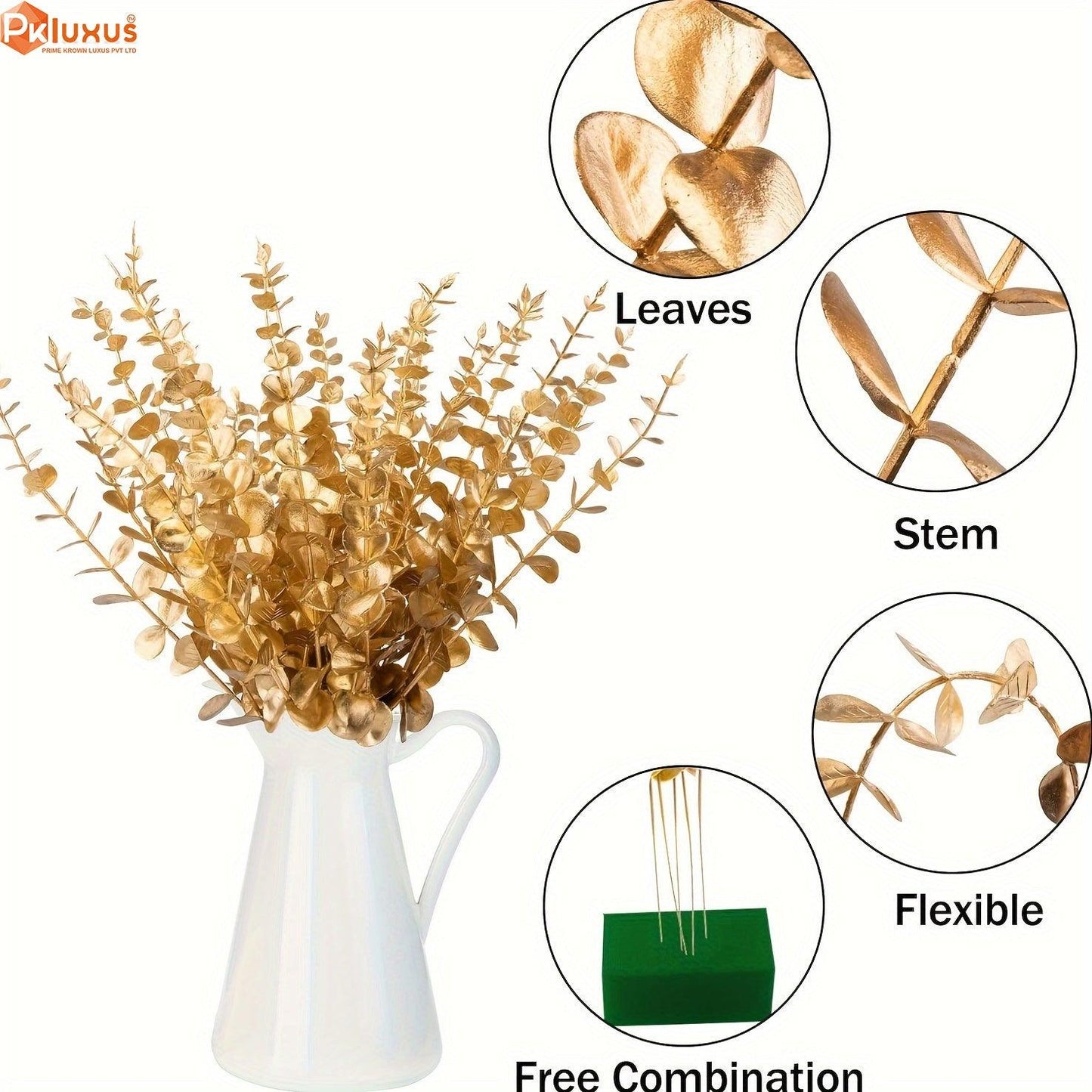 10 Stems Bunch Golden Eucalyptus Faux Leaves By PK LUXUS™ - PK LUXUS