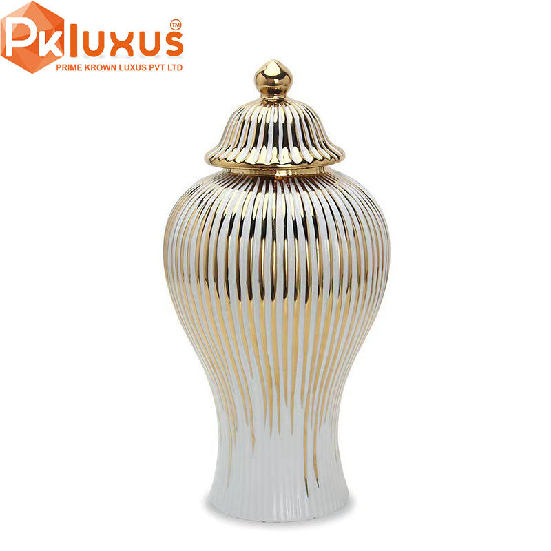 White and Gold Striped Home Decorative Ceramic Ginger Jar Vase with Lid | PK LUXUS™ - PK LUXUS