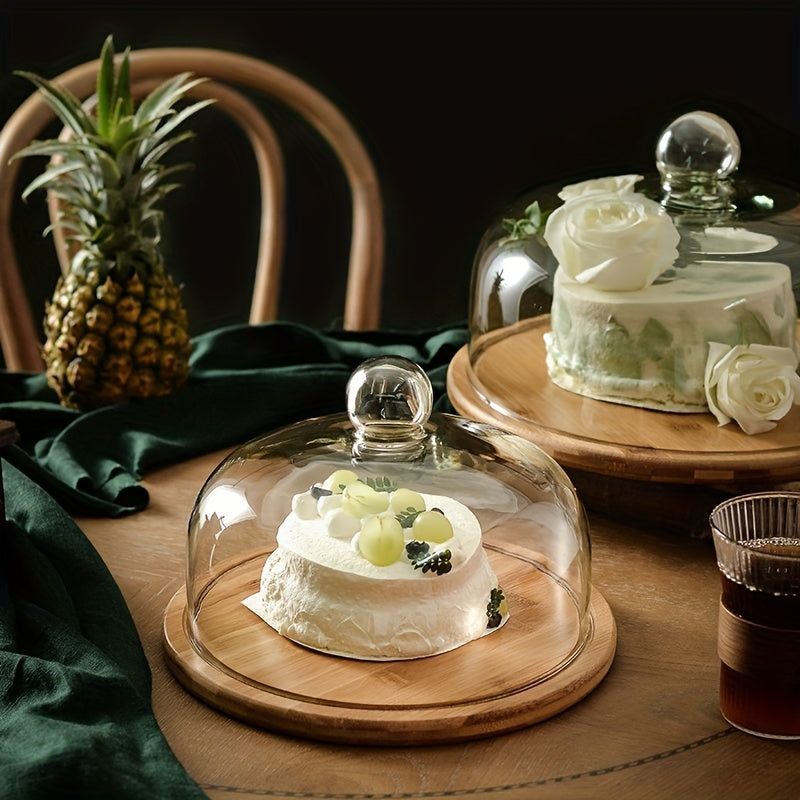 Hand-Polished Bamboo Wood Cake Stand with Glass Dome Cover by PK LUXUS™