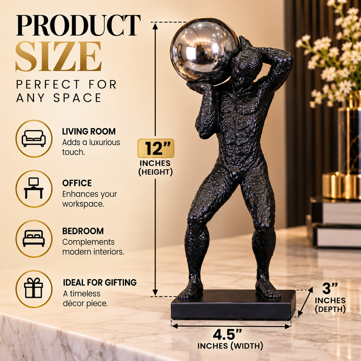 Luxury Black Atlas Reflective Orb Sculpture By PK LUXUS™