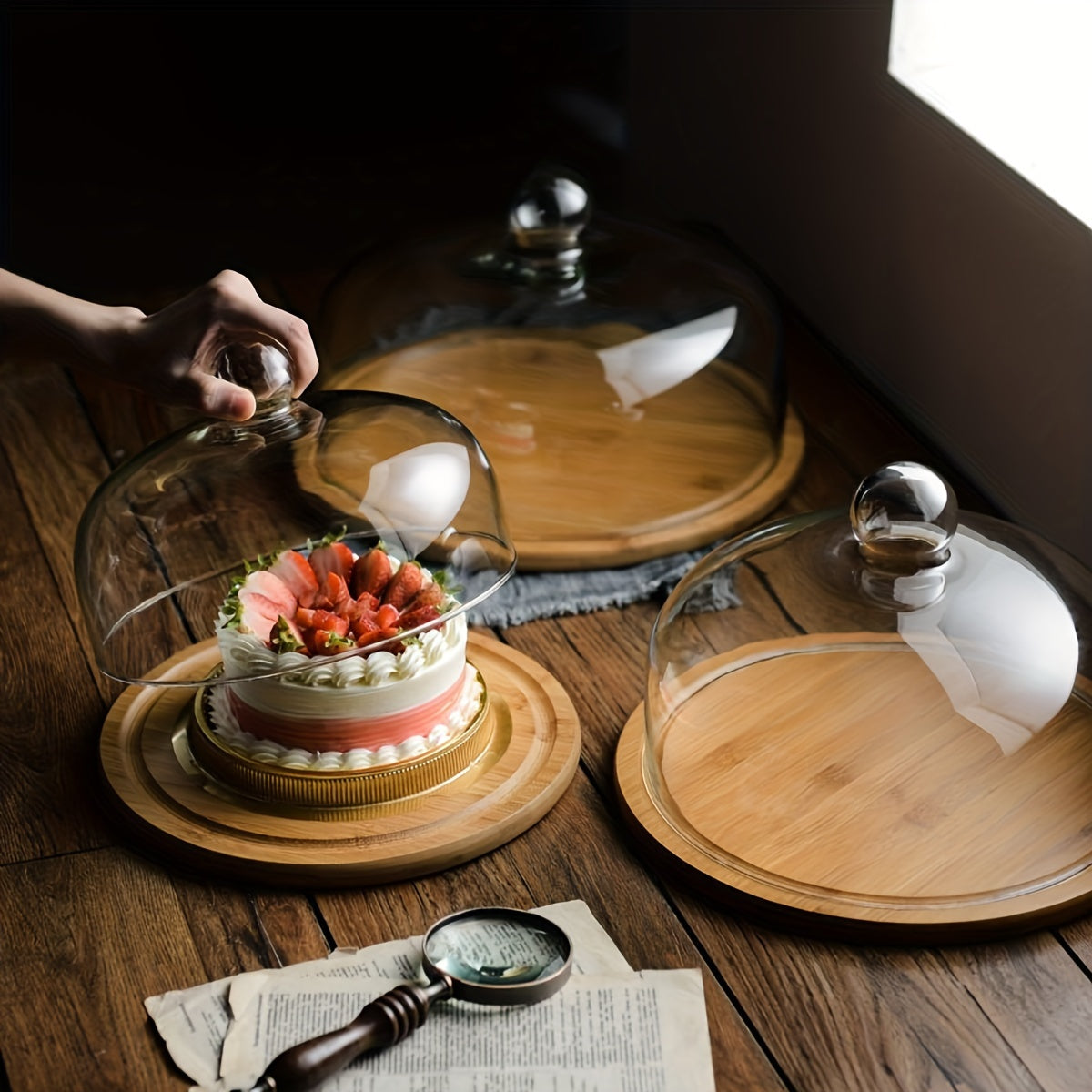 Hand-Polished Bamboo Wood Cake Stand with Glass Dome Cover by PK LUXUS™