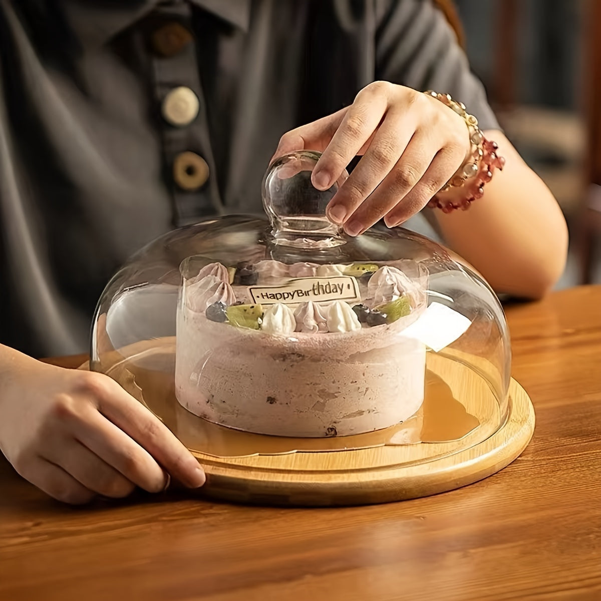 Hand-Polished Bamboo Wood Cake Stand with Glass Dome Cover by PK LUXUS™