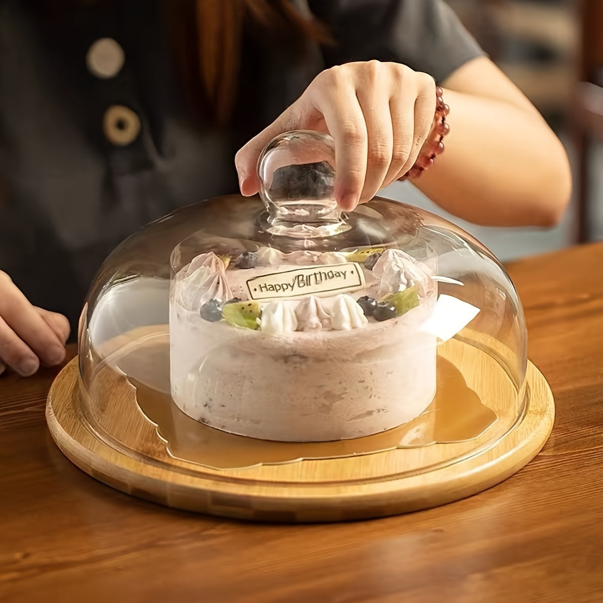 Hand-Polished Bamboo Wood Cake Stand with Glass Dome Cover by PK LUXUS™