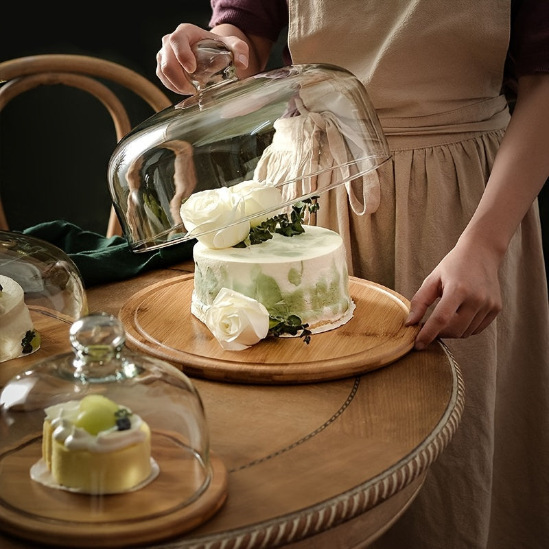Hand-Polished Bamboo Wood Cake Stand with Glass Dome Cover by PK LUXUS™