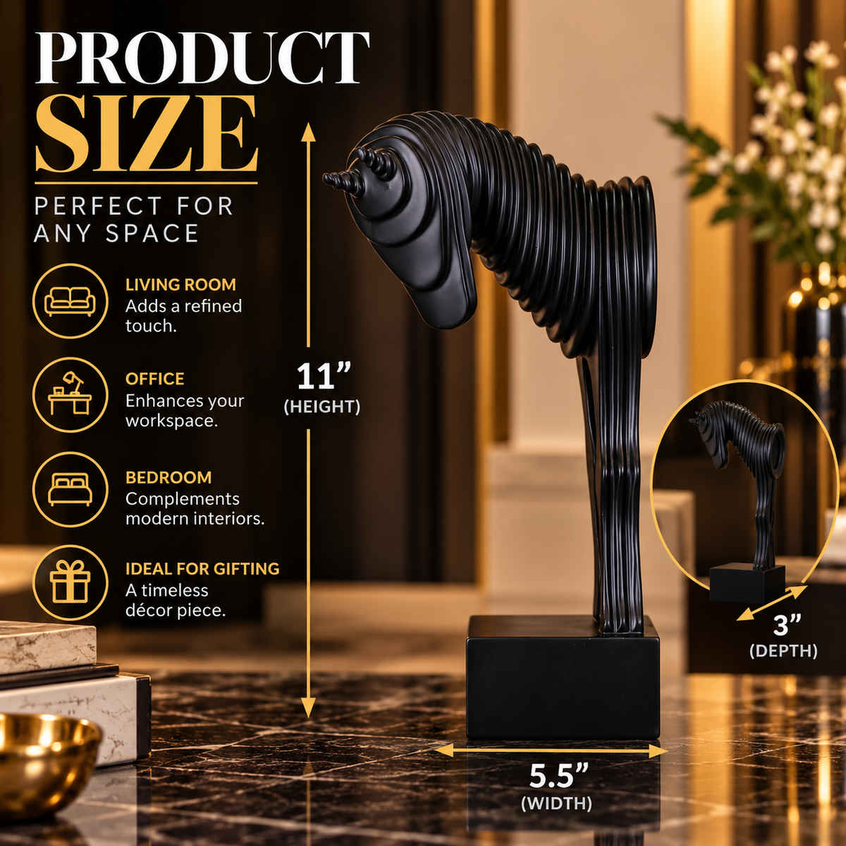 Luxury Black Abstract Striped Horse Statue By PK LUXUS™