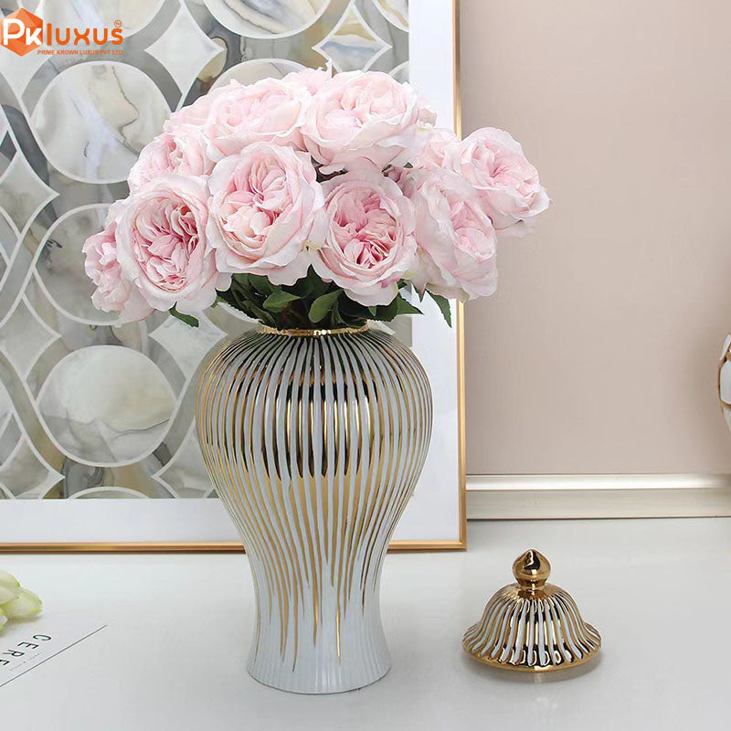 White and Gold Striped Home Decorative Ceramic Ginger Jar Vase with Lid | PK LUXUS™ - PK LUXUS