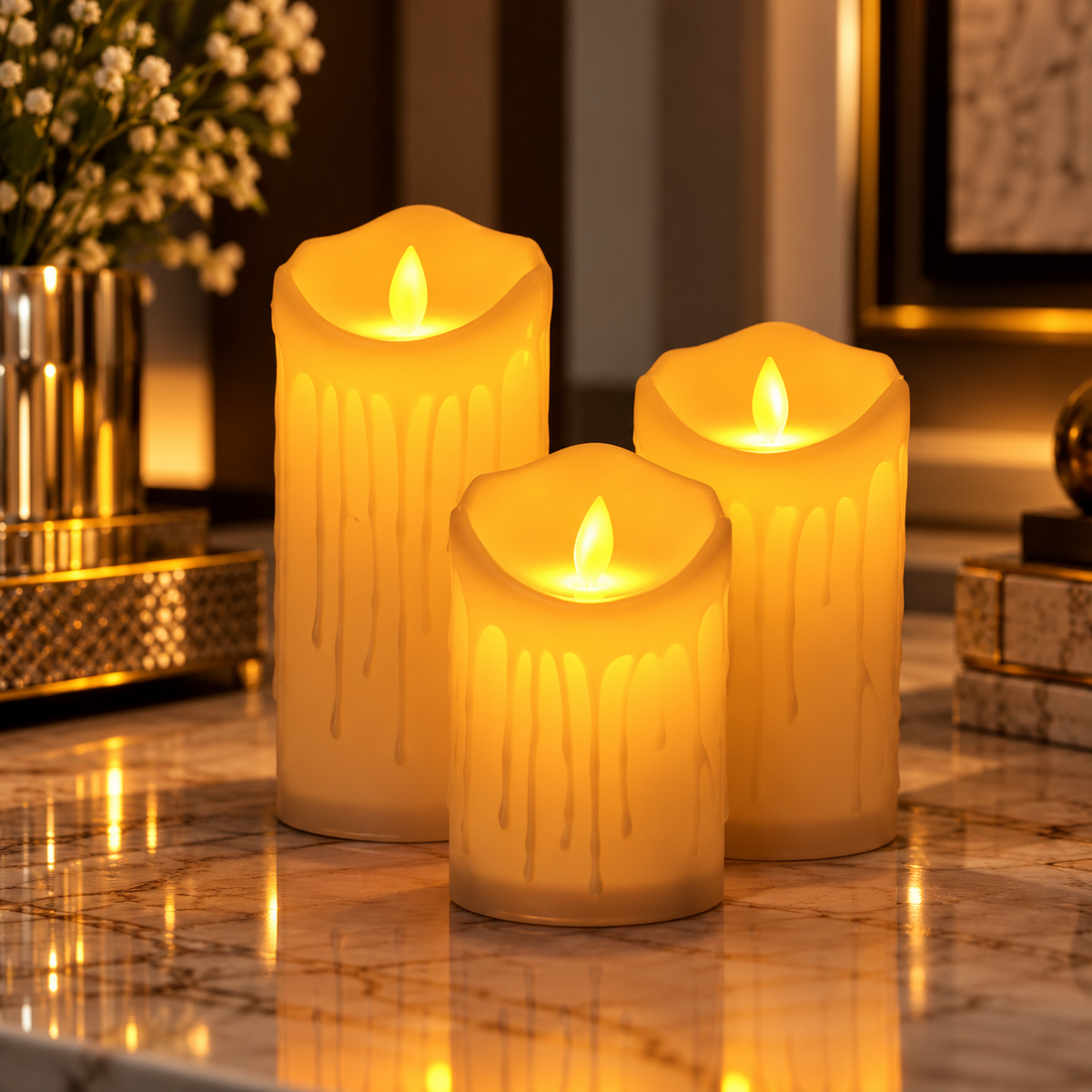 Realistic Flickering LED Flameless Candles – Set of 3 | Battery Operated By PK LUXUS™