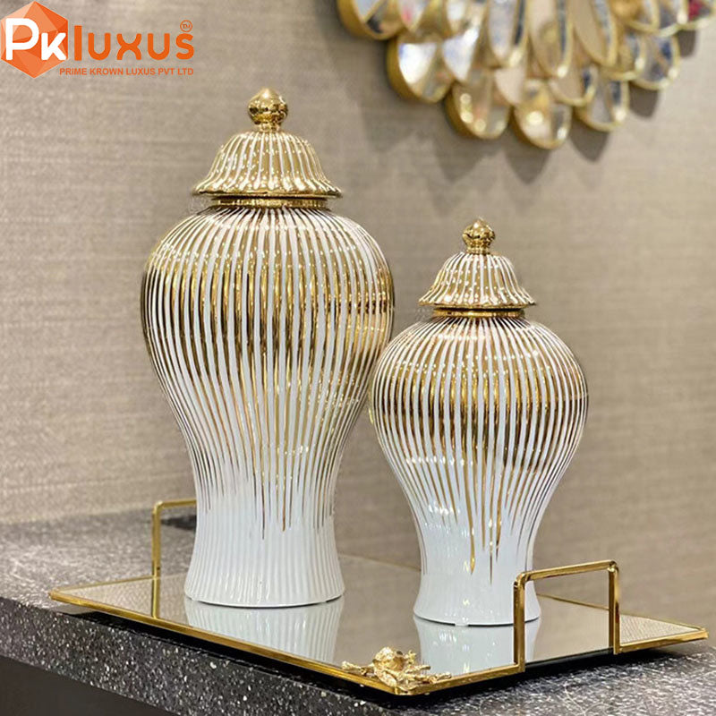 White and Gold Striped Home Decorative Ceramic Ginger Jar Vase with Lid | PK LUXUS™ - PK LUXUS