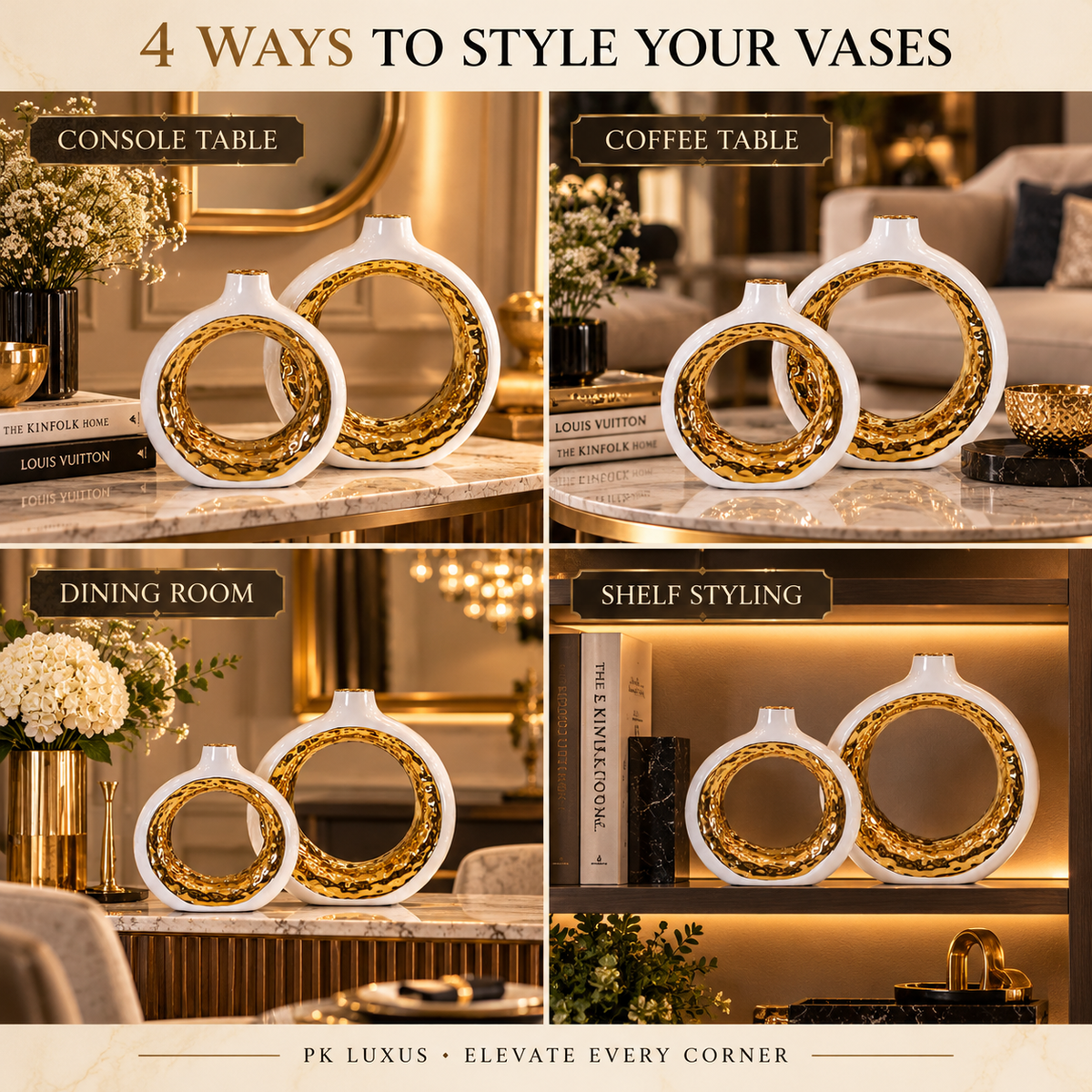 Luxe White & Hammered Gold Ring Vase Set of 2 By PK LUXUS™