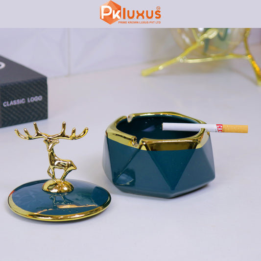 Luxury Sea Green & Golden Deer Ashtray With Lid By PK LUXUS™ - PK LUXUS