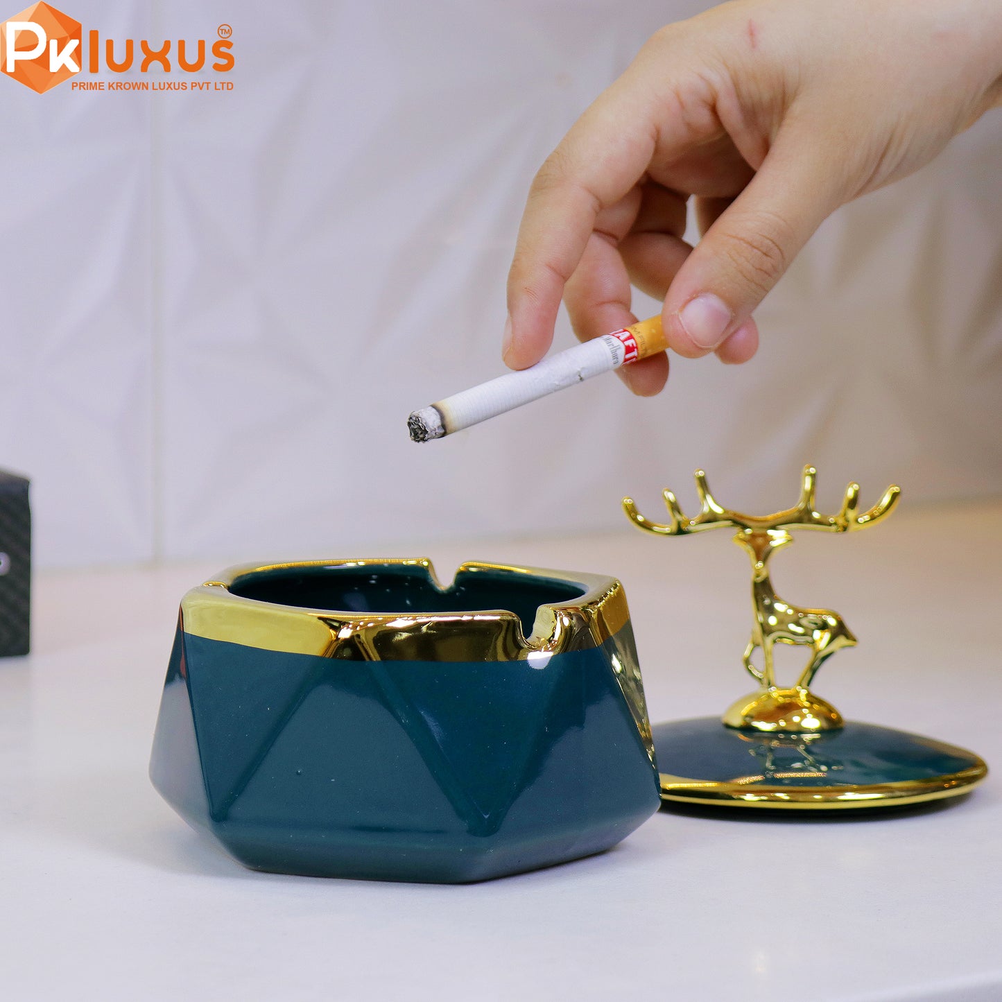 Luxury Sea Green & Golden Deer Ashtray With Lid By PK LUXUS™ - PK LUXUS