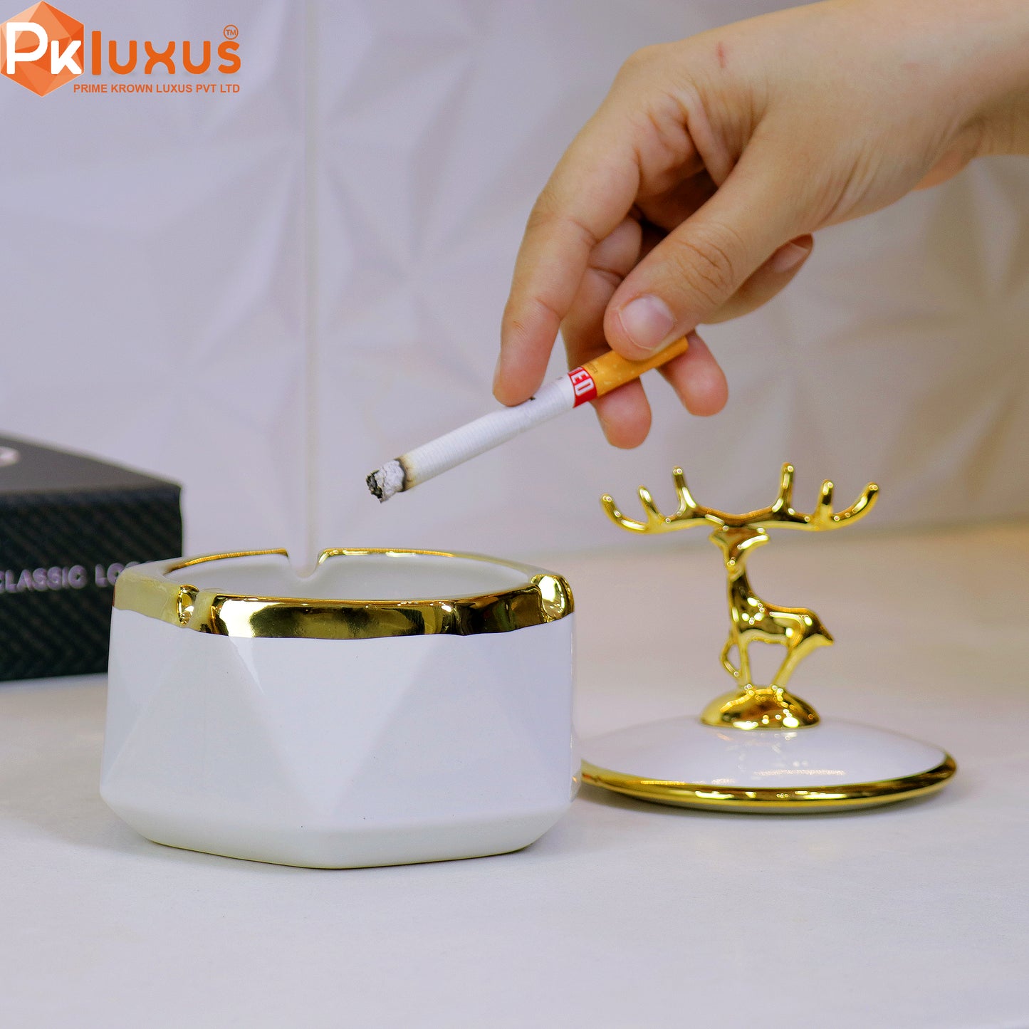 Luxury White & Golden Deer Ashtray With Lid By PK LUXUS™ - PK LUXUS