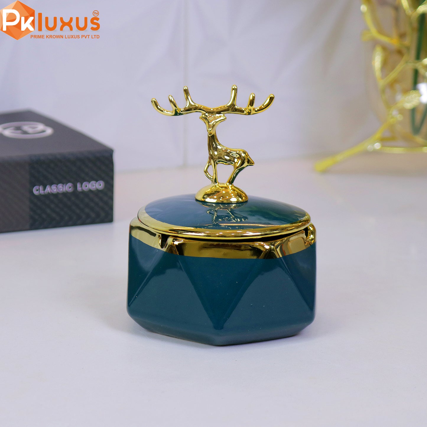 Luxury Sea Green & Golden Deer Ashtray With Lid By PK LUXUS™ - PK LUXUS