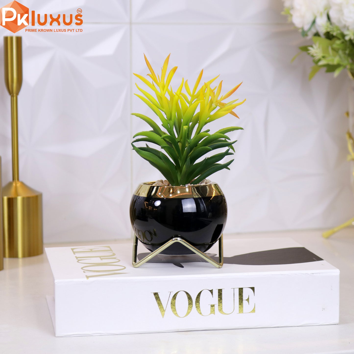 9-inch Black & Gold Planter, Pot and Stand By PK LUXUS™ - PK LUXUS