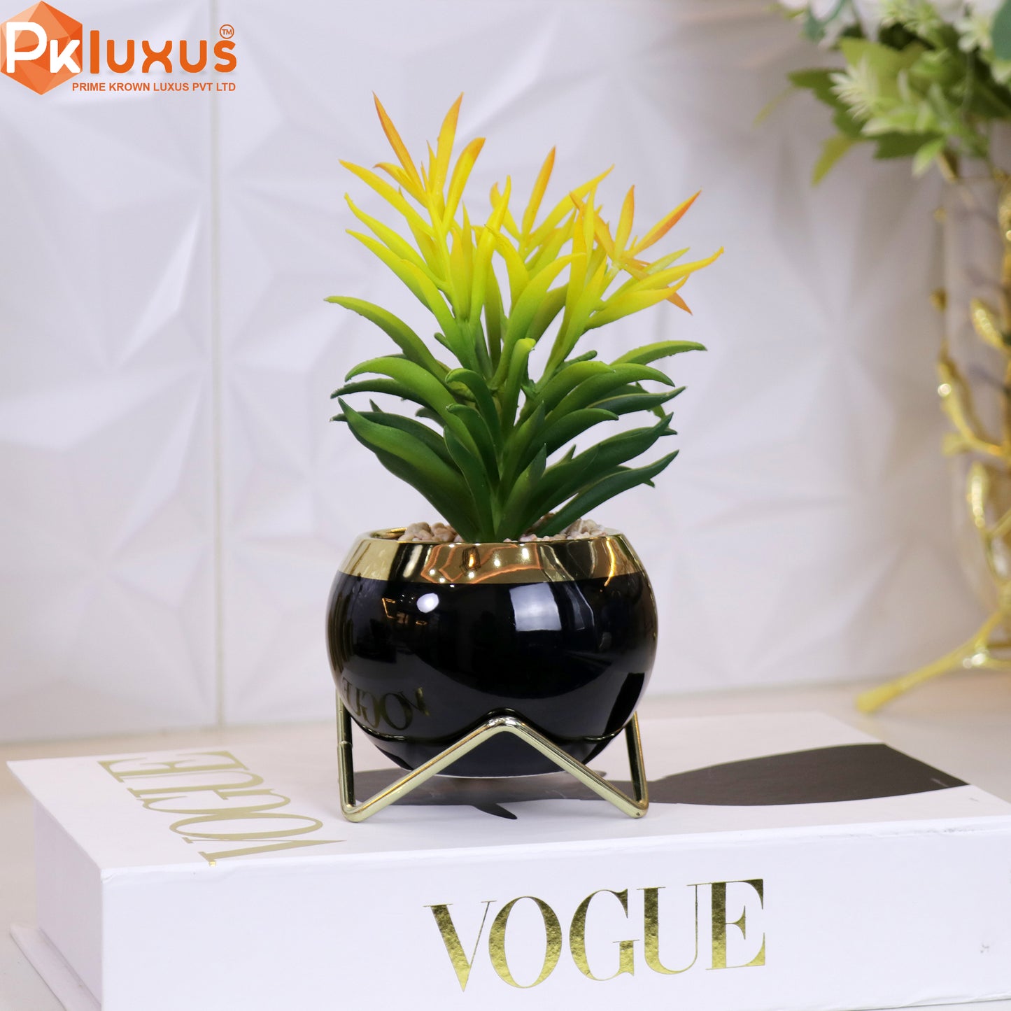 9-inch Black & Gold Planter, Pot and Stand By PK LUXUS™ - PK LUXUS
