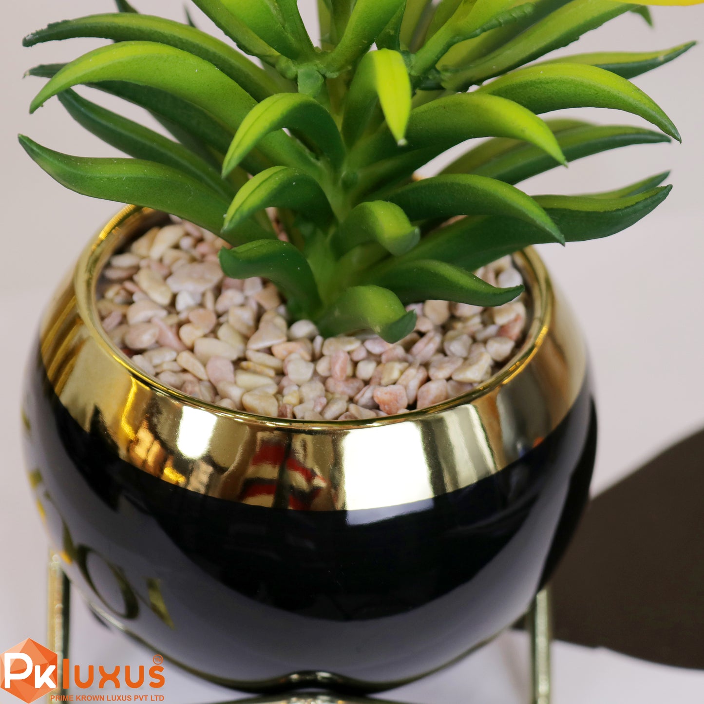 9-inch Black & Gold Planter, Pot and Stand By PK LUXUS™ - PK LUXUS