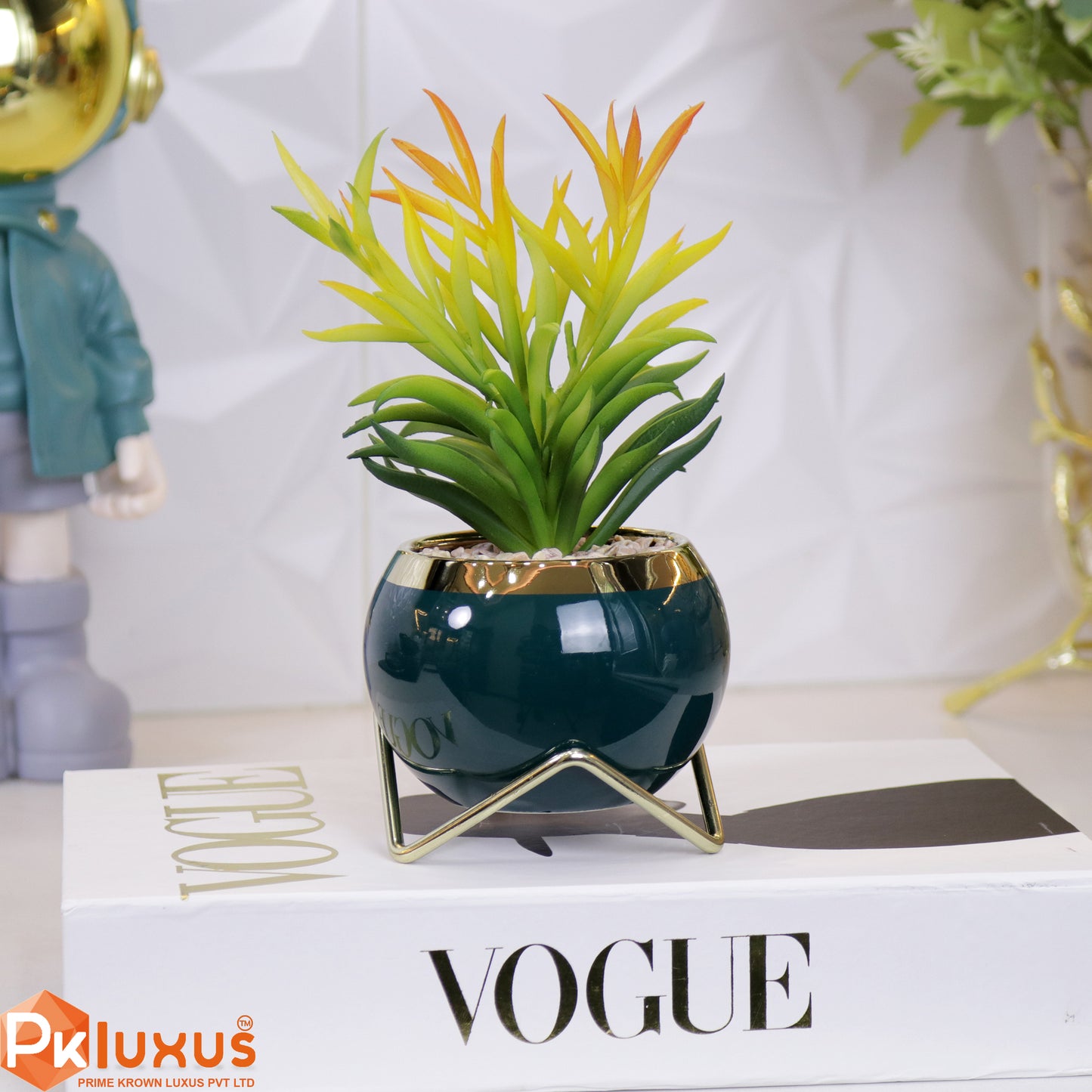 9-inch Green & Gold Planter, Pot and Stand By PK LUXUS™ - PK LUXUS