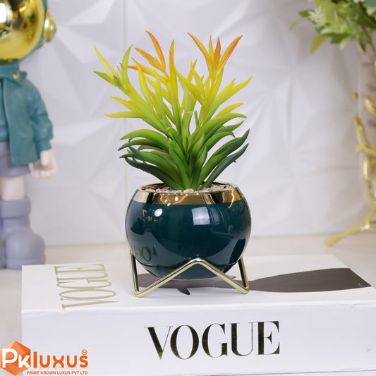 9-inch Green & Gold Planter, Pot and Stand By PK LUXUS™ - PK LUXUS