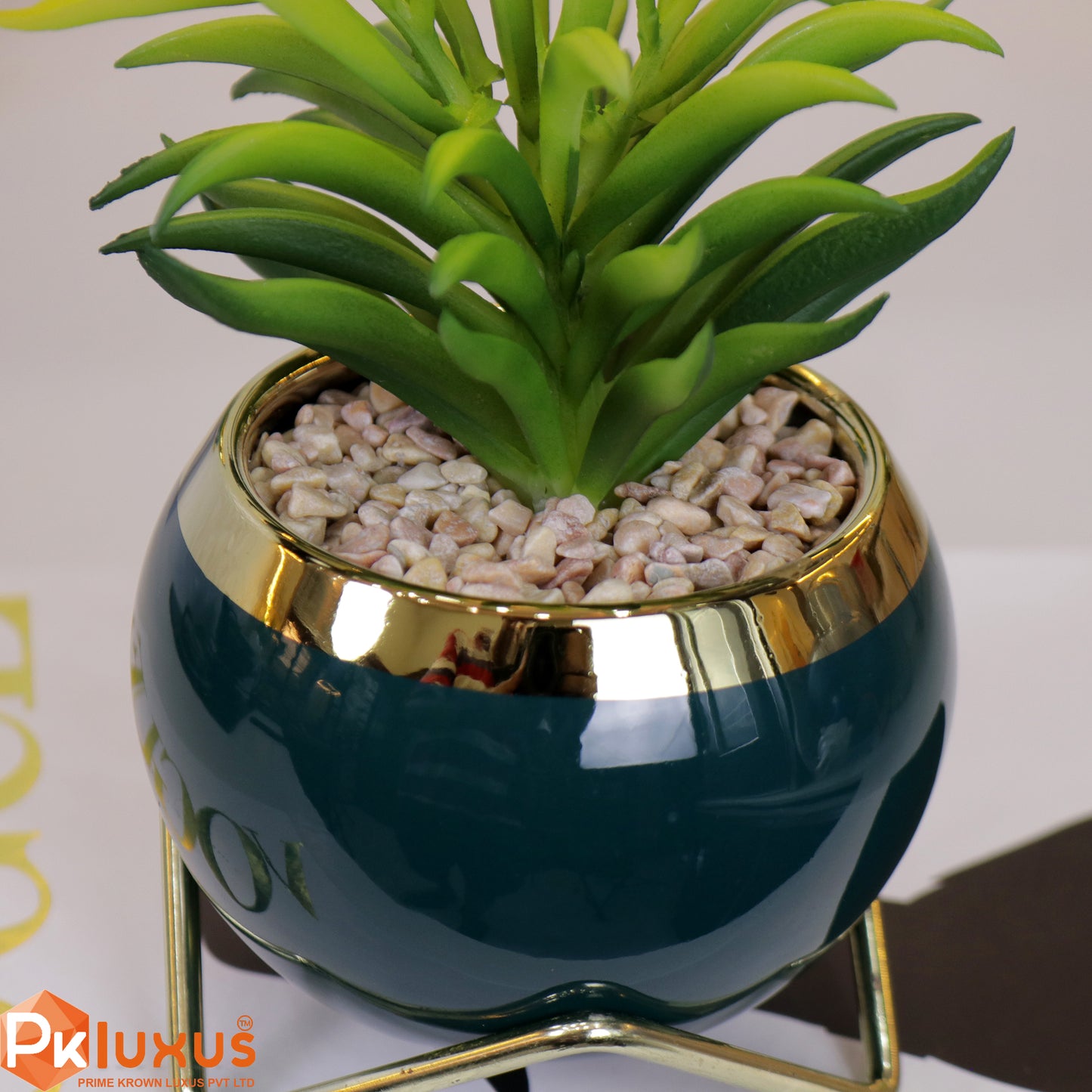 9-inch Green & Gold Planter, Pot and Stand By PK LUXUS™ - PK LUXUS