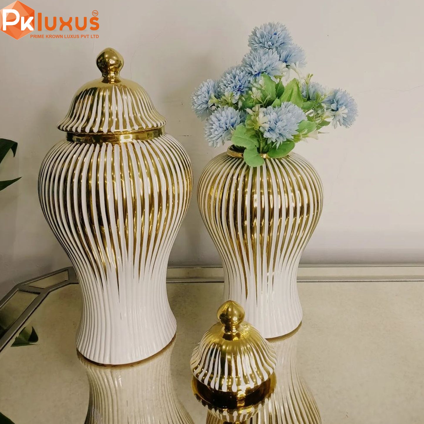 White and Gold Striped Home Decorative Ceramic Ginger Jar Vase with Lid | PK LUXUS™ - PK LUXUS