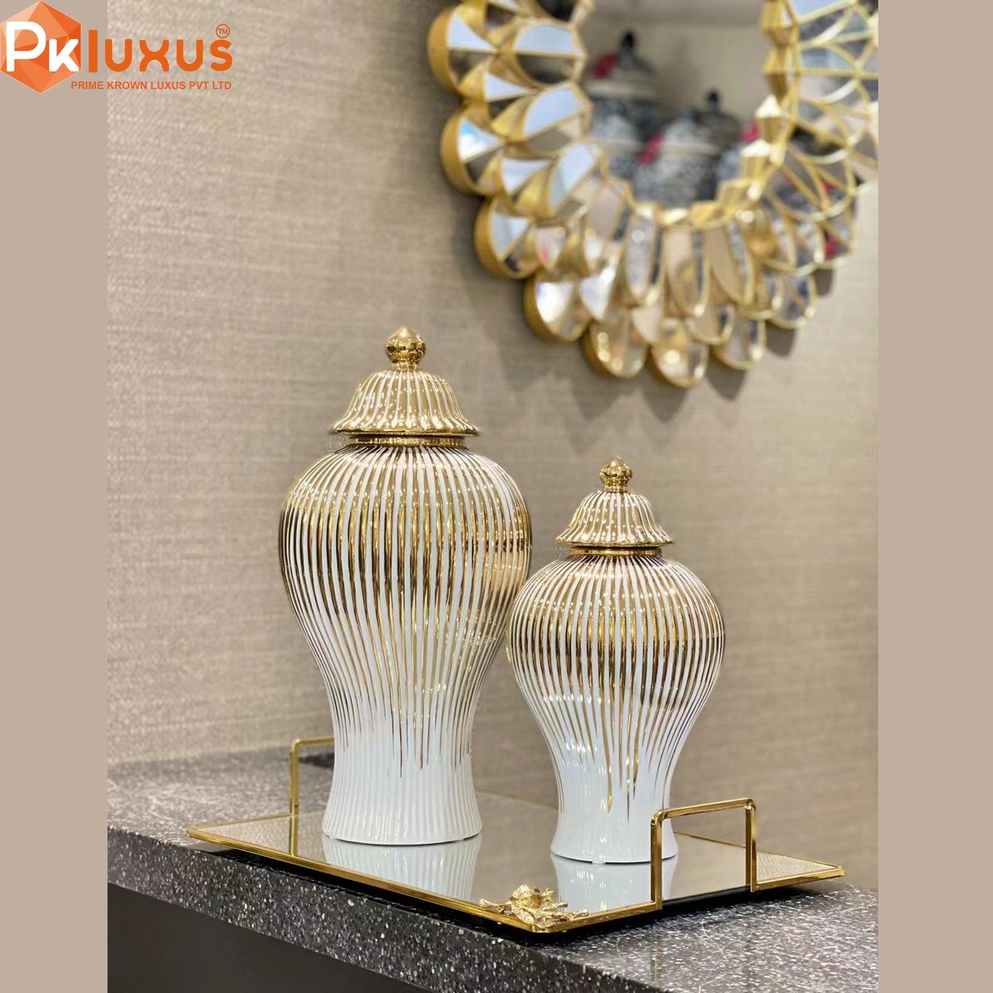 White and Gold Striped Home Decorative Ceramic Ginger Jar Vase with Lid | PK LUXUS™ - PK LUXUS
