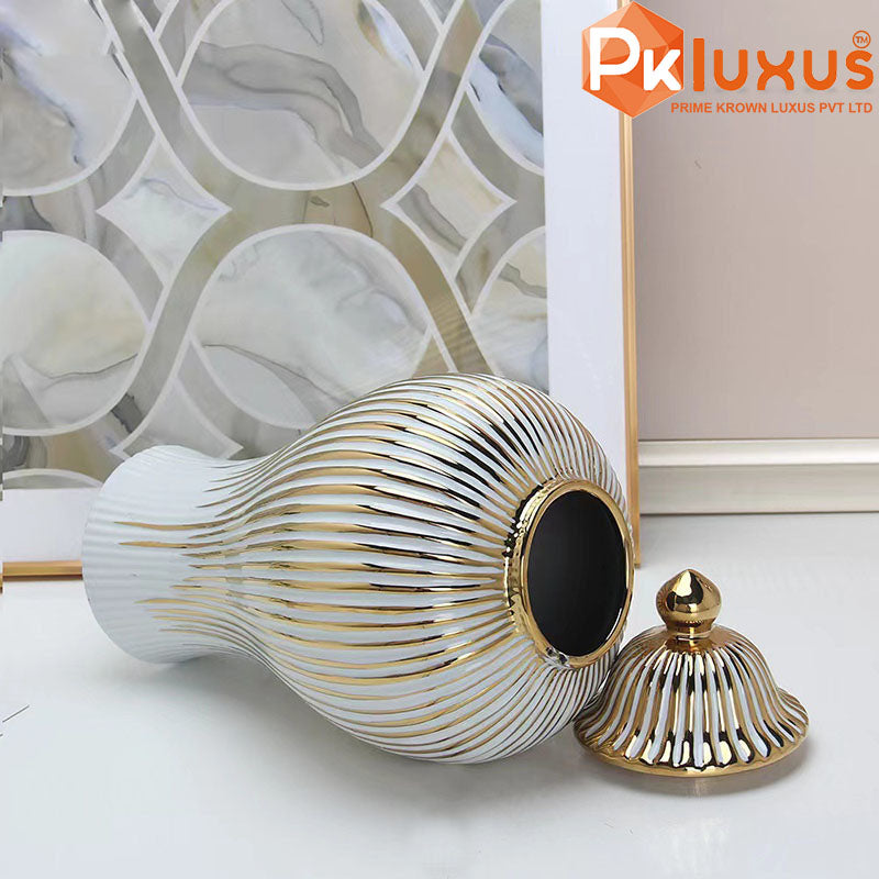 White and Gold Striped Home Decorative Ceramic Ginger Jar Vase with Lid | PK LUXUS™ - PK LUXUS