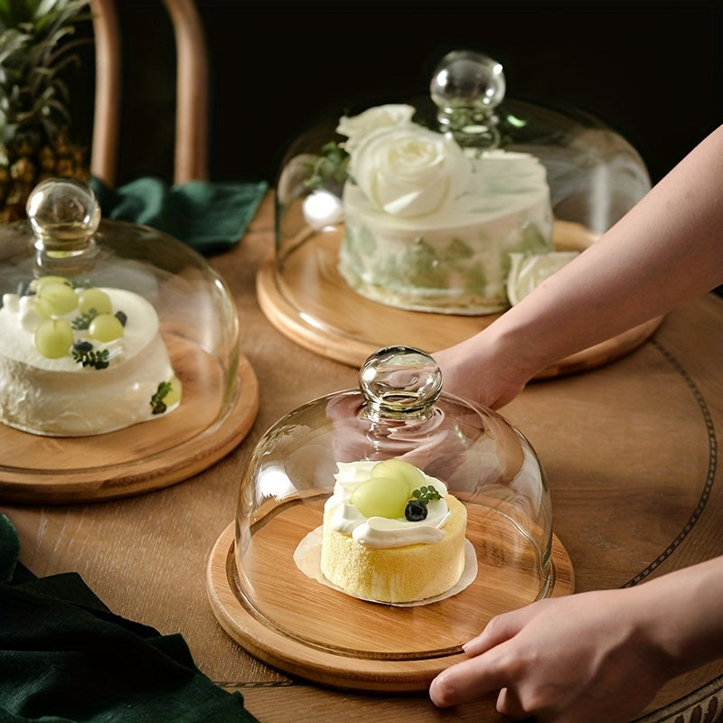 Hand-Polished Bamboo Wood Cake Stand with Glass Dome Cover by PK LUXUS™