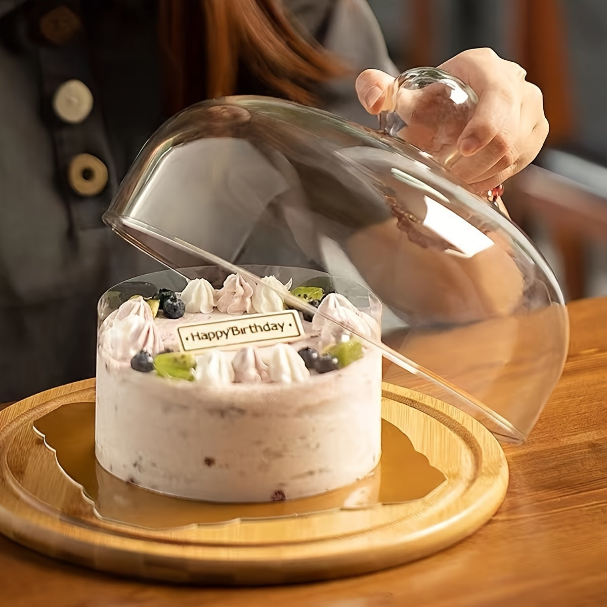 Hand-Polished Bamboo Wood Cake Stand with Glass Dome Cover by PK LUXUS™