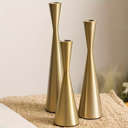 Set of 3 Brass Colored Metal Candlestick Sets By PK LUXUS™
