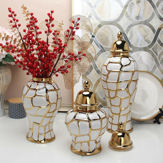 Gold Plated Crack Stripes Ceramic Jars With Flower Set Options | PK LUXUS™ - PK LUXUS