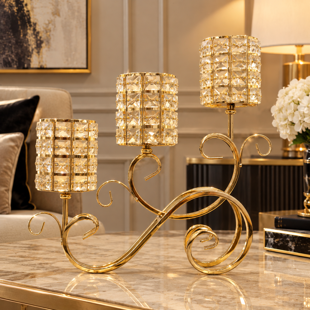 Crystal & Gold Metal Candles Holder  By PK LUXUS™