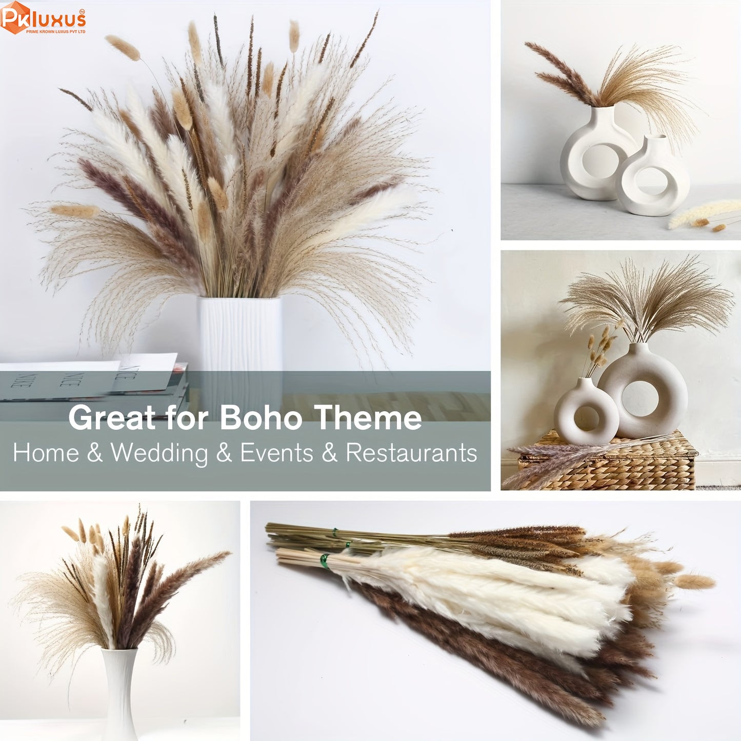 120 Stems Real Dried Pampas Grass Decor Set - 5 Varieties By PK LUXUS™