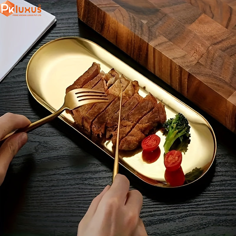 1 Piece Oval Stainless Steel Serving Platter, Dessert Tray, Steak Plate By PK LUXUS™