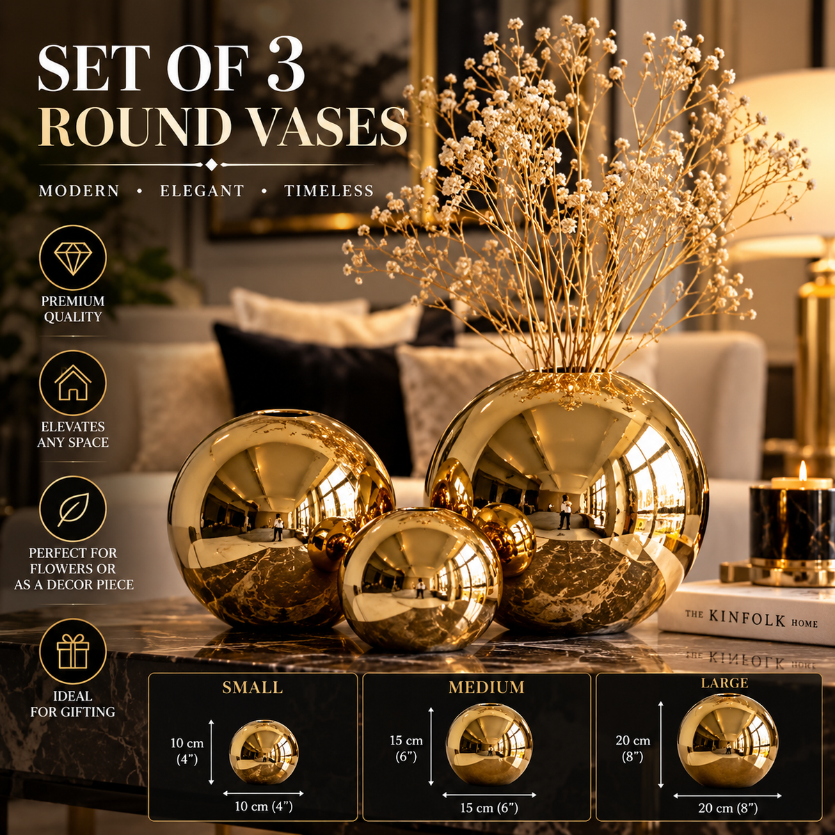 Set Of 3 Luxury Golden Ball Ceramic Vases By PK LUXUS™