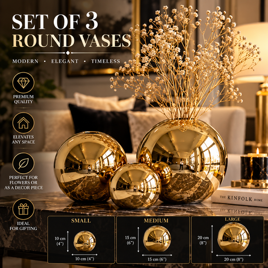 Set Of 3 Luxury Golden Ball Ceramic Vases By PK LUXUS™