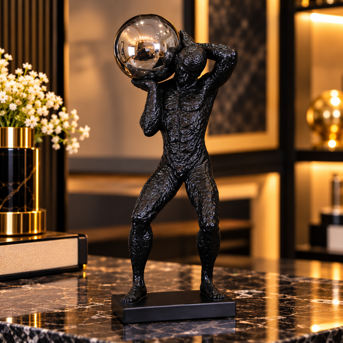Luxury Black Atlas Reflective Orb Sculpture By PK LUXUS™