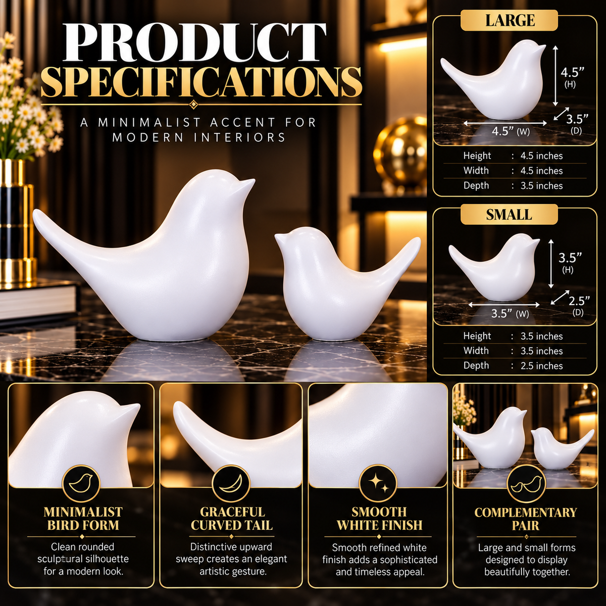 White Sparrow Statue Set Of 2 By PK LUXUS™