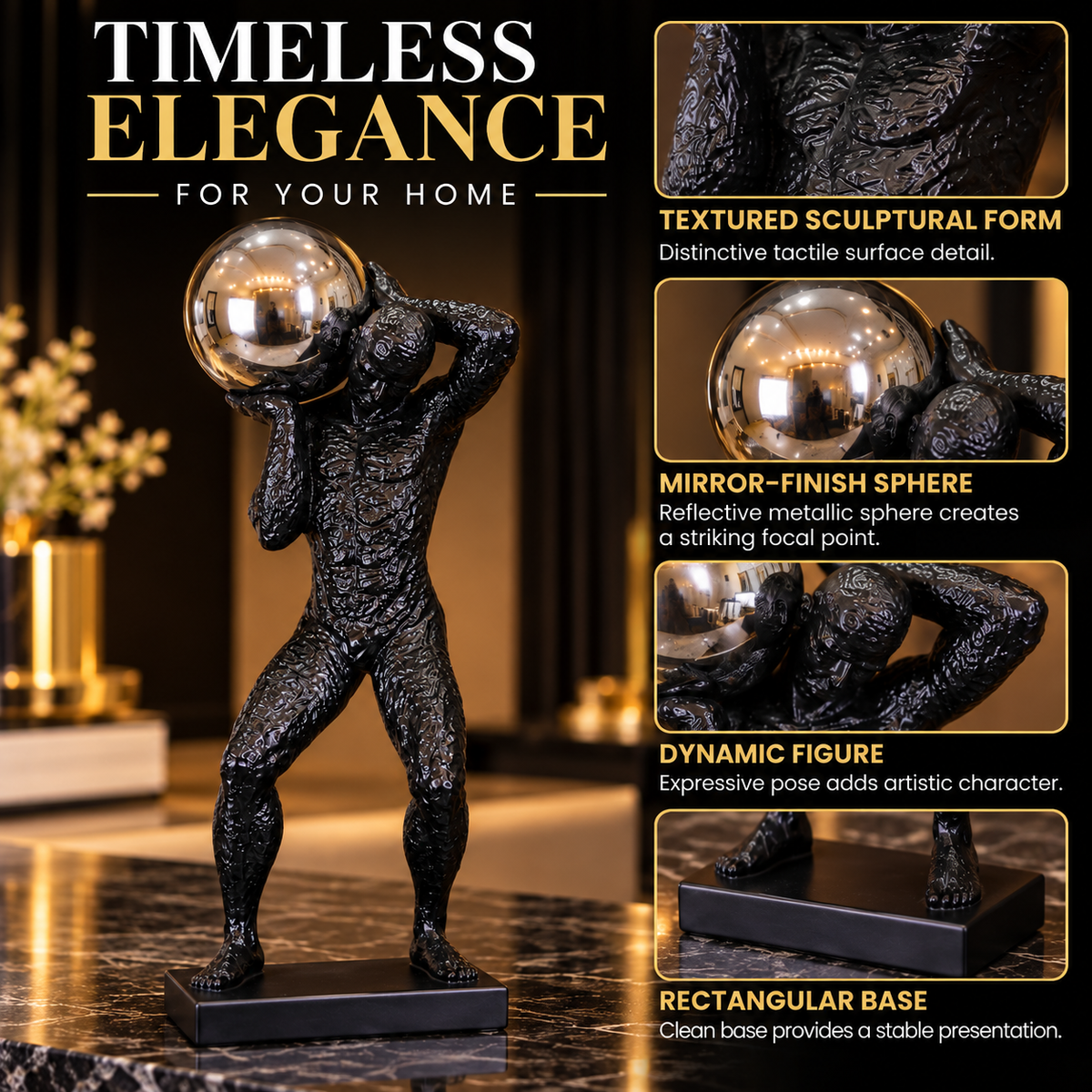 Luxury Black Atlas Reflective Orb Sculpture By PK LUXUS™
