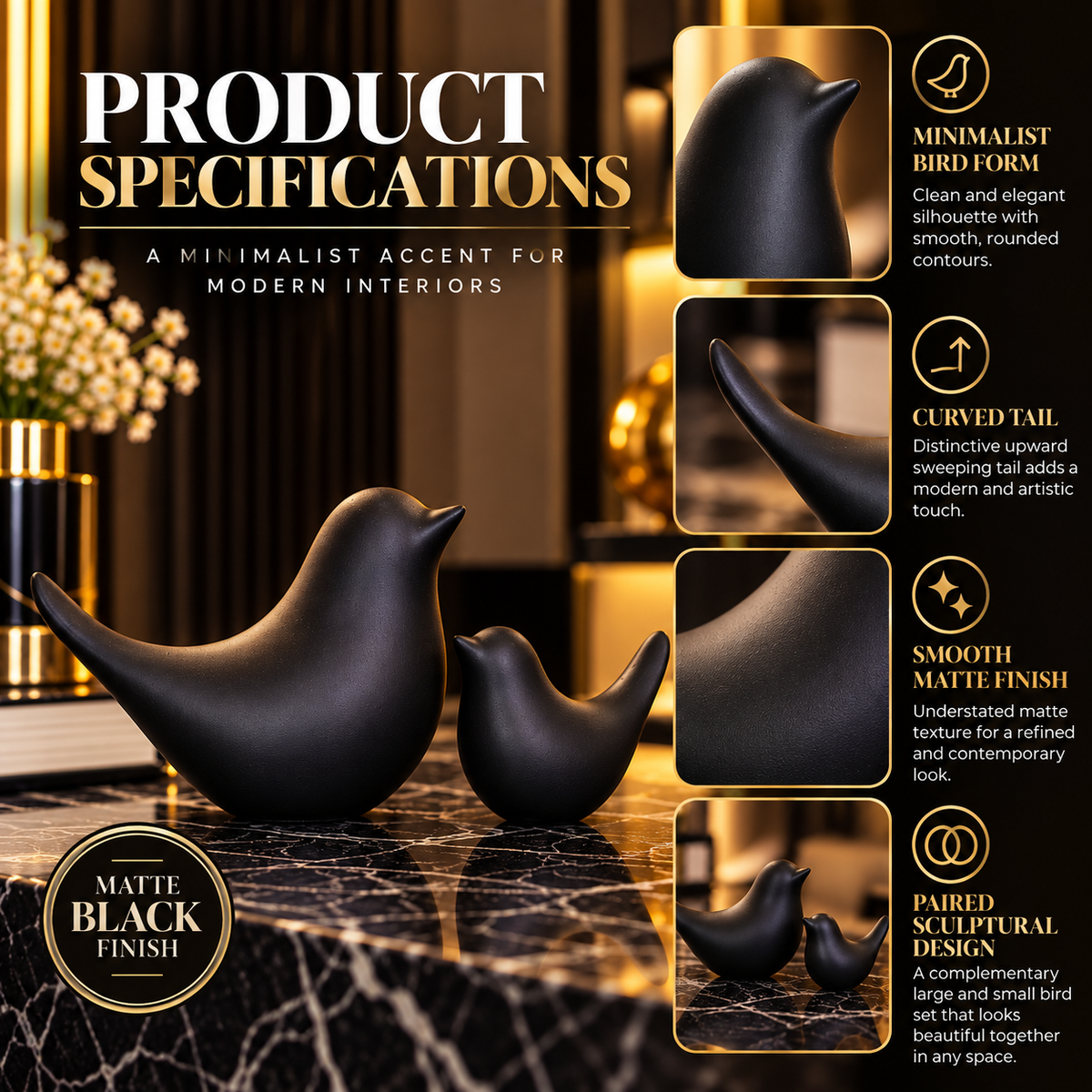Black Sparrow Statue Set Of 2 By PK LUXUS™