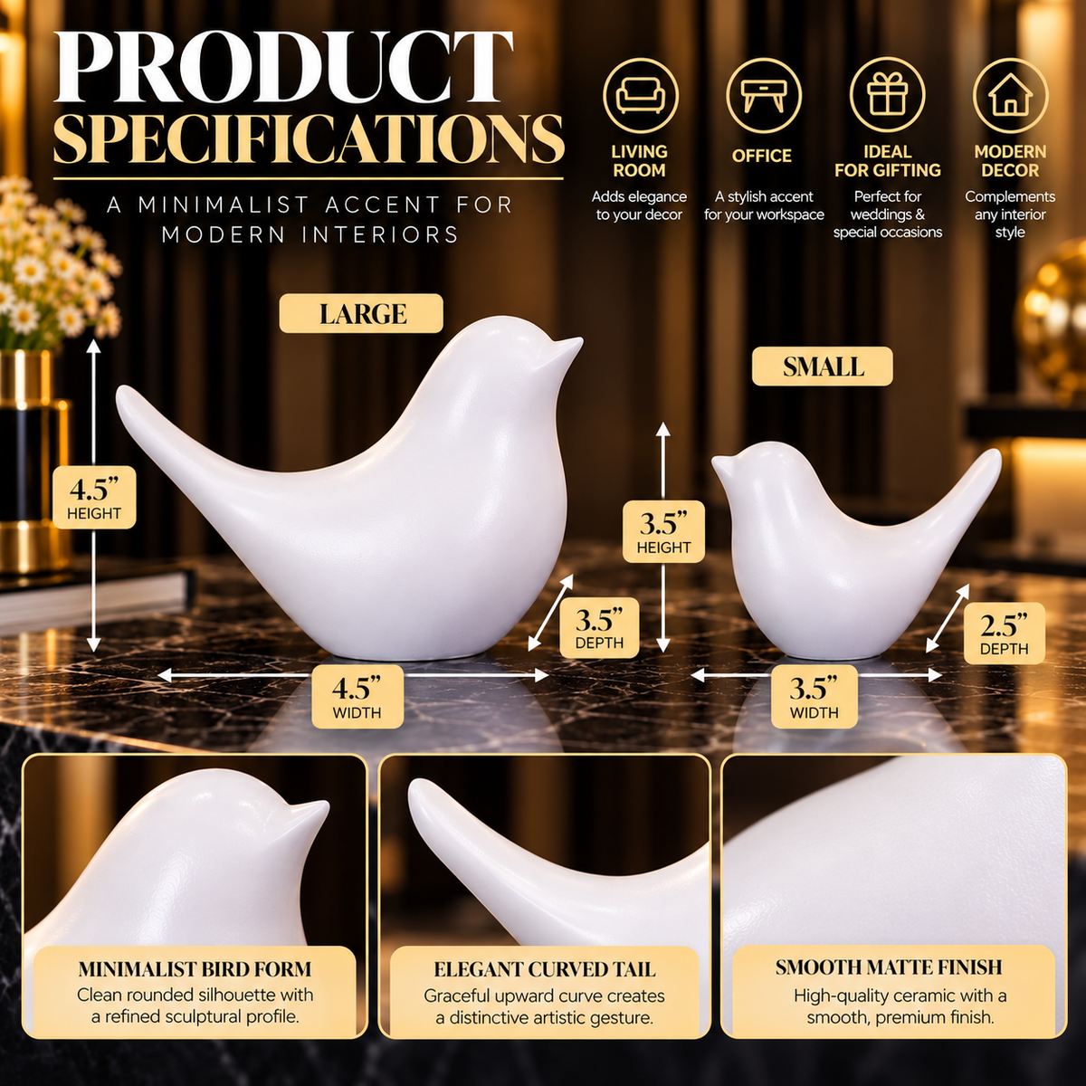 White Sparrow Statue Set Of 2 By PK LUXUS™