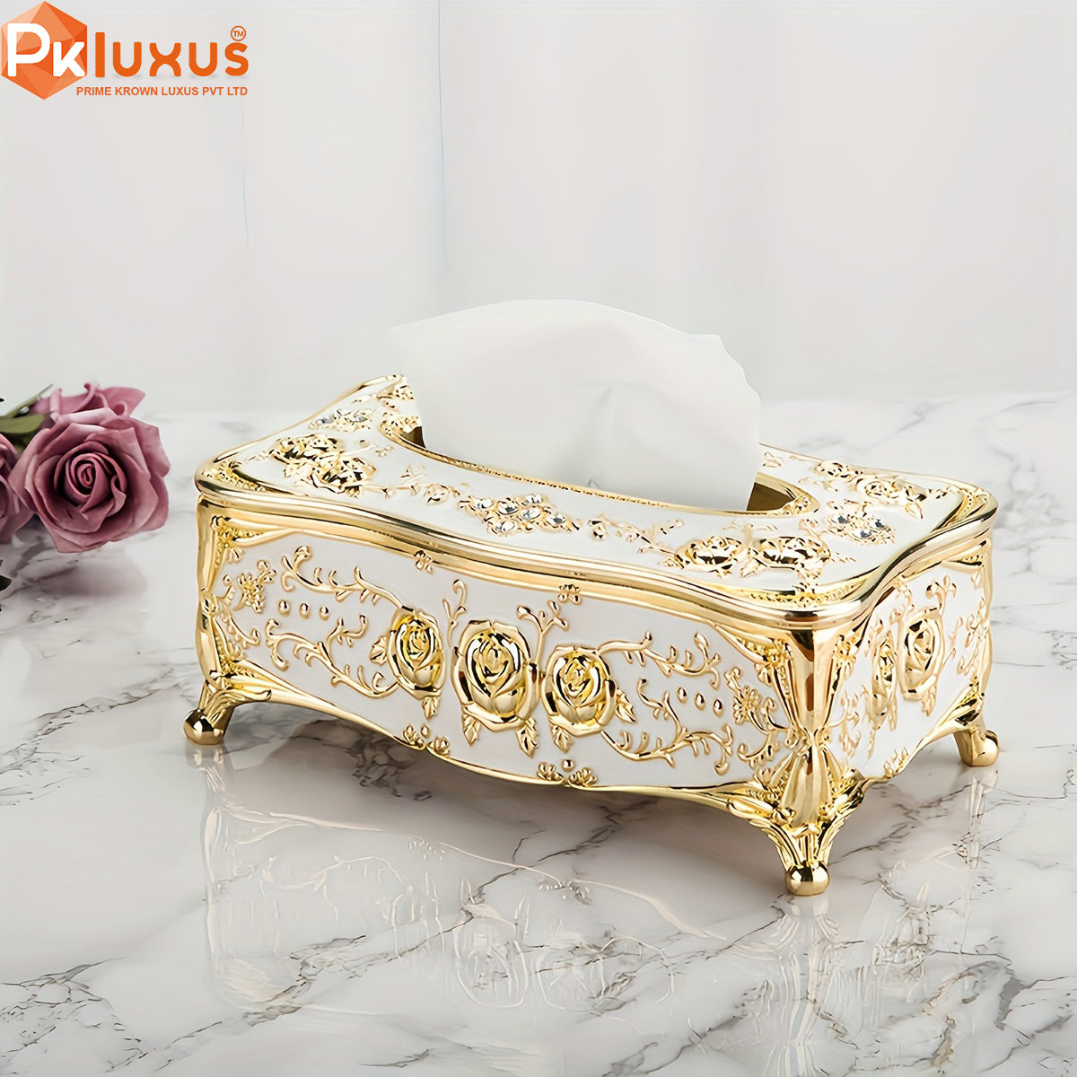 Luxury White & Gold Rose Pattern Tissue Box With Tissue Bundle By PK LUXUS™