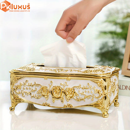 Luxury White & Gold Rose Pattern Tissue Box With Tissue Bundle By PK LUXUS™