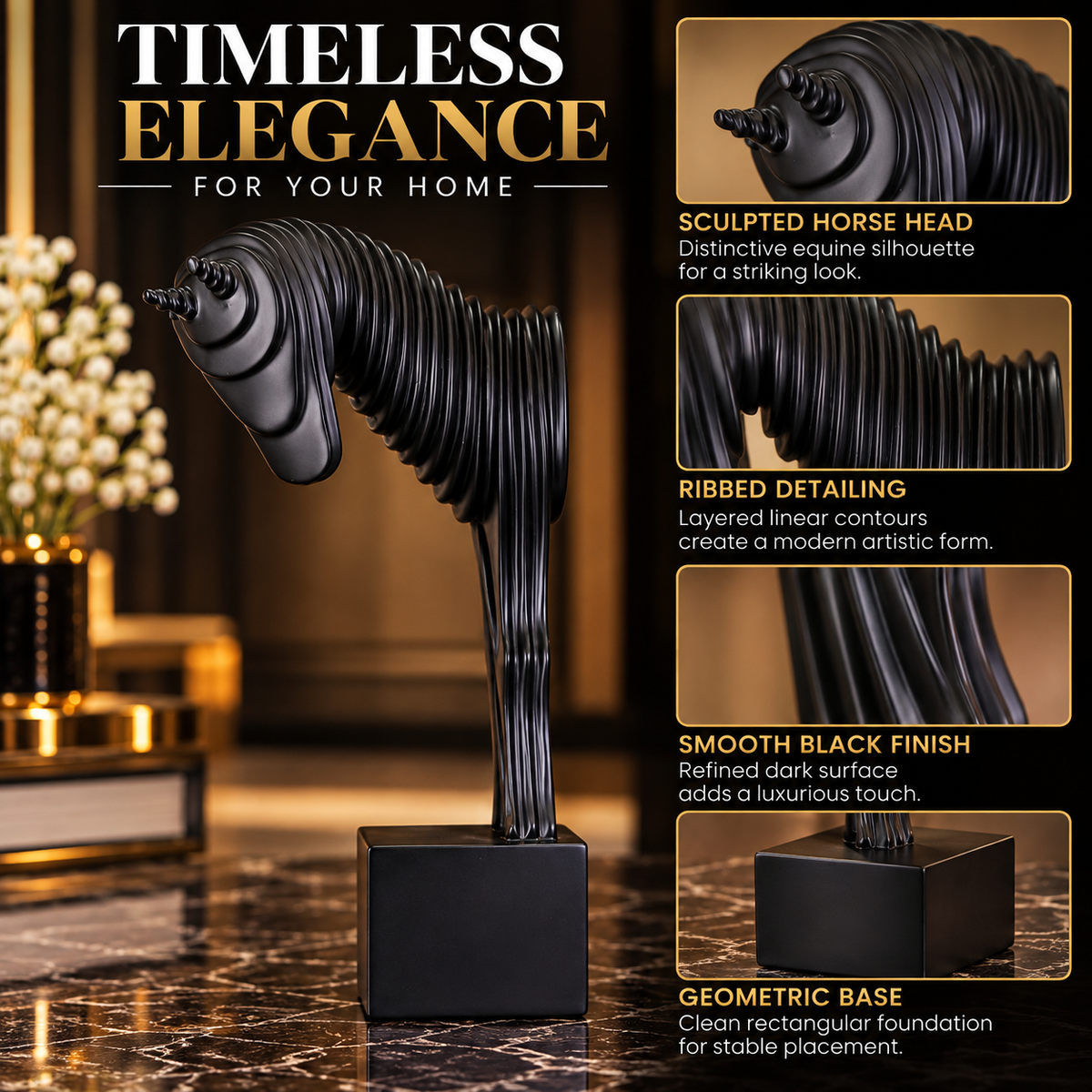 Luxury Black Abstract Striped Horse Statue By PK LUXUS™