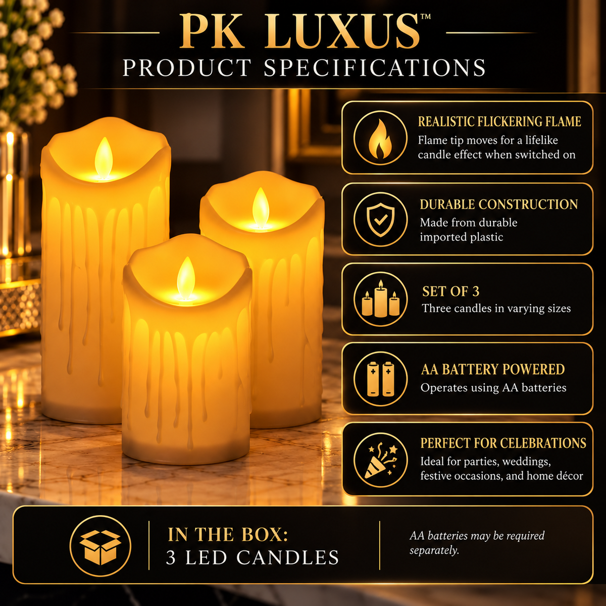 Realistic Flickering LED Flameless Candles – Set of 3 | Battery Operated By PK LUXUS™