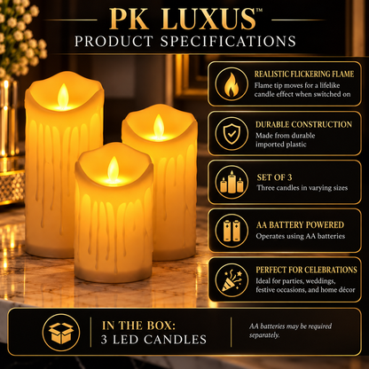 Realistic Flickering LED Flameless Candles – Set of 3 | Battery Operated By PK LUXUS™