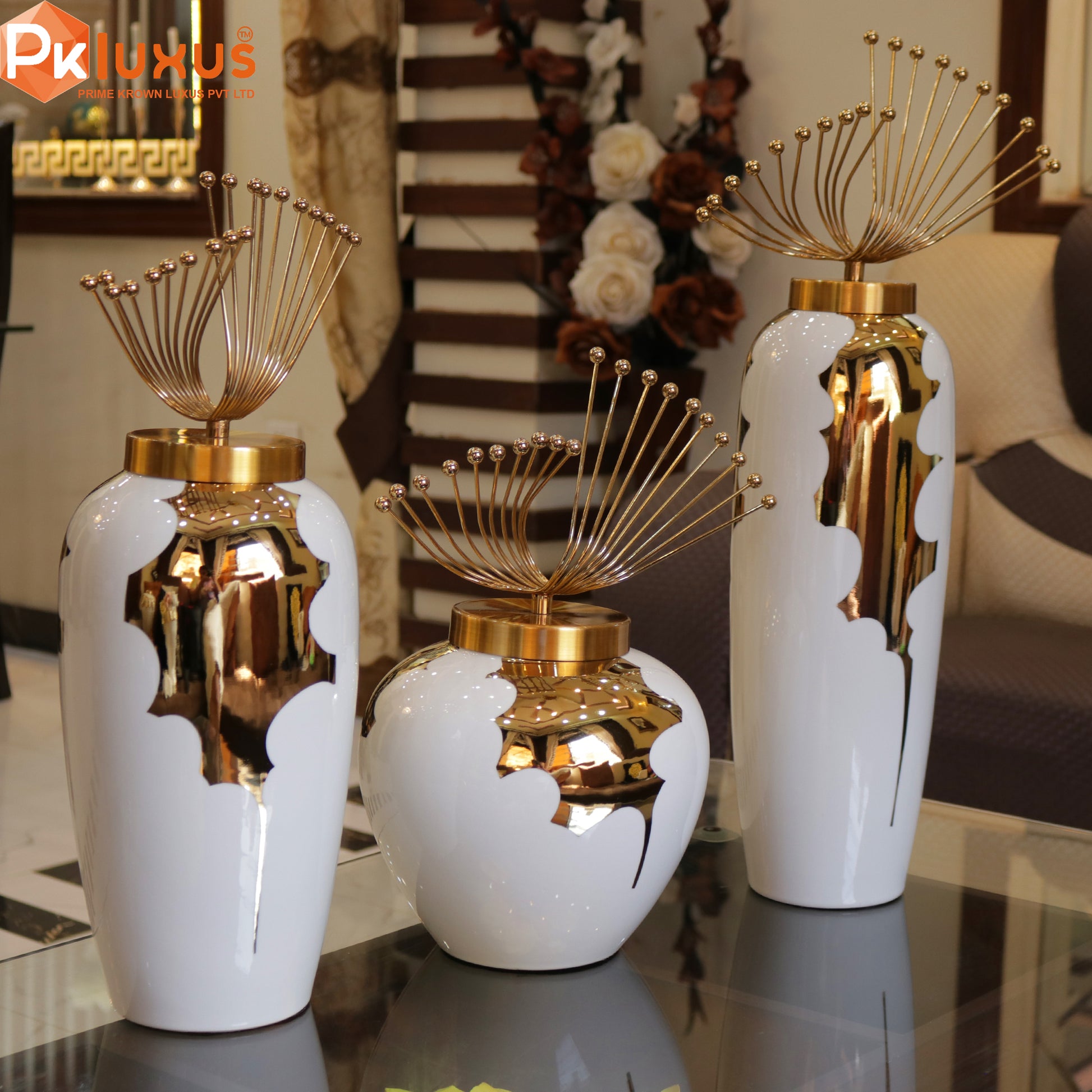 Set of 3 Luxury White & Gold European Vases By PK LUXUS™ - PK LUXUS
