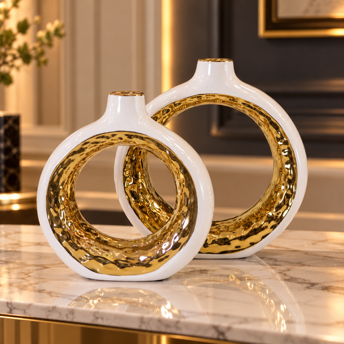Luxe White & Hammered Gold Ring Vase Set of 2 By PK LUXUS™