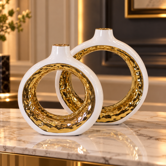 Luxe White & Hammered Gold Ring Vase Set of 2 By PK LUXUS™